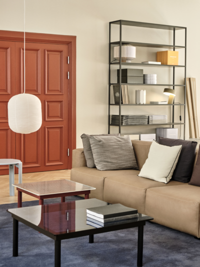 Mags Soft Low 3 Seater Combination 1 Sense nougat beige stitching Kofi 80x80 grey tinted glass tabletop black wb lacquer oak frame Kofi 60x60 clear reeded glass tabletop barn red wb lacquer oak frame